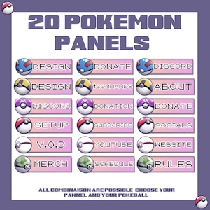 Peut inclure: Un ensemble graphique numérique comprenant 20 panneaux rectangulaires avec diverses icônes de Poké Balls et des étiquettes textuelles telles que Design, Donate, Discord, Commands, About, Donation, Setup, Subscribe, Socials, V.O.D, Youtube, Website, Merch, Schedule et Rules.
