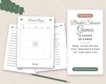 Bridal Shower Games Bundle, Printable Bridal Shower Games, Wedding Shower Games, Bridal Bingo, He Said She Said, Greenery, Instant Download