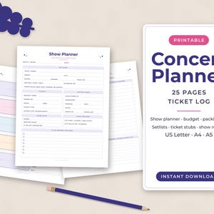 Planificador de Conciertos Imprimible, Diario de Conciertos, Registro de Entradas, Notas de Setlist, Festival, Regalo Musical, A5
