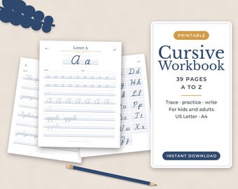 Cursive Handwriting Workbook Printable, Cursive Practice Sheets, Cursive Alphabet Tracing, Learn Cursive for Kids and Adults, Penmanship