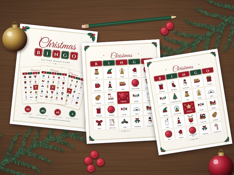 Christmas Bingo Game, 50 Unique Printable Picture Bingo Cards for Kids ...