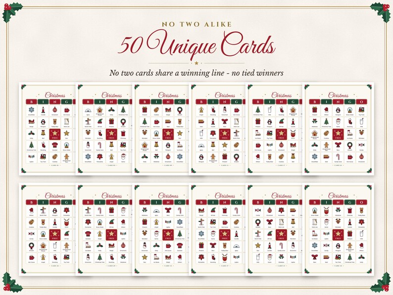 Christmas Bingo Game, 50 Unique Printable Picture Bingo Cards for Kids ...