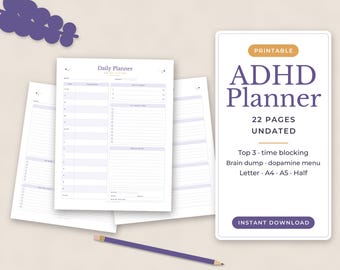 ADHD Planner Printable, ADHD Daily Planner, Dopamine Menu, Brain Dump, Executive Function Planner, Time Blocking, Undated, Neurodivergent