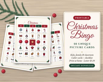 Christmas Bingo Game, 50 Unique Printable Picture Bingo Cards for Kids, Family & Classroom Christmas Party Game, Office Holiday Bingo