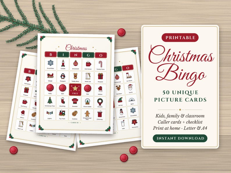 Christmas Bingo Game, 50 Unique Printable Picture Bingo Cards for Kids ...