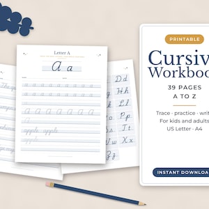 Cursive Handwriting Workbook Printable, Cursive Practice Sheets, Cursive Alphabet Tracing, Learn Cursive for Kids and Adults, Penmanship