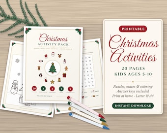Christmas Activity Pack for Kids, 20 Printable Pages, Word Search, Crossword, Mazes, Coloring, Busy Book, Classroom Worksheets