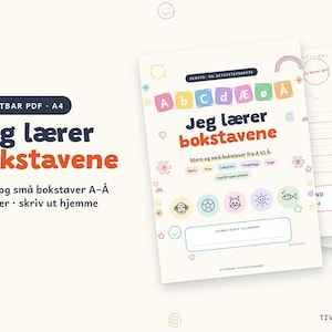 May include: A printable A4 activity book titled Jeg lærer bokstavene, featuring 92 pages of alphabet exercises. The cover displays colourful letters A through Å, various icons like a monkey and sun, and sections for writing, drawing, and colouring.
