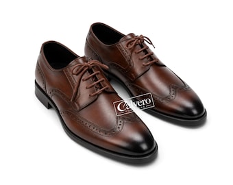 Zapatos Brogue marrones, Derby con puntera de ala, Zapatos de vestir de cuero, Zapatos con cordones