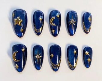 Y2K Nails/3D Star Nails/3D Blue Moon Nails/Gold Chrome Nails/Navy Blue Press on Nails Long Almond Nails/Cat Eye Nails/Custom Nails