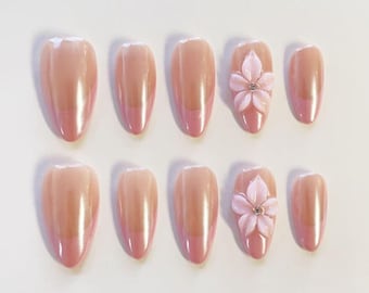 Uñas postizas 3D con diseño de flores/Uñas rosas de presión/Uñas largas almendradas/Uñas francesas/Uñas florales/Uñas perladas/Uñas personalizadas/Uñas para fiestas