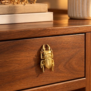 May include: A gold-toned metal drawer knob shaped like a stag beetle with detailed mandibles, legs, and wing covers. The hardware is mounted onto the front of a dark brown wooden drawer, featuring a smooth, matte finish and a realistic insect form.