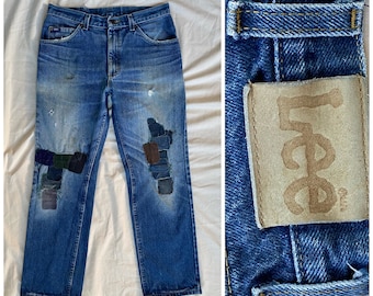 Lee Gepatchte Jeans 32x29 Größe 32 Vintage Jeans mit Aufnähern Distressed Worn-in Jeans Made in USA Jeans Lee Riders W32 L29