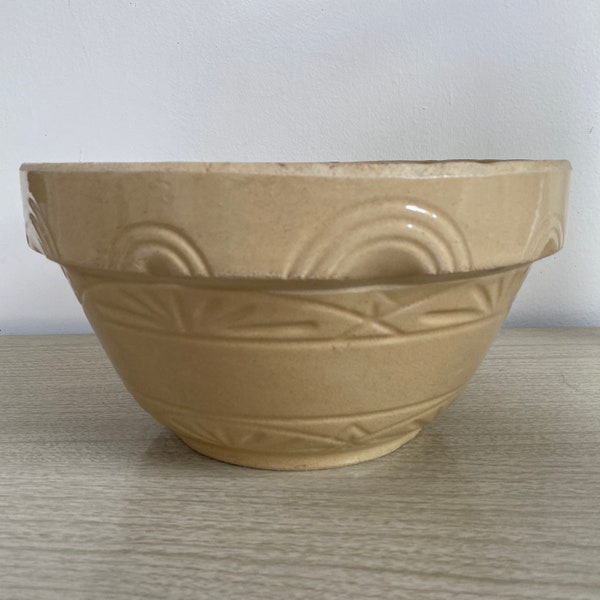 Large 12 inch Roseville Yellow Ware Bowl Inlay Design Geometric Relief Yellowware Mixing Bowl Stoneware Pottery, Modern Farmhouse, Primitive
