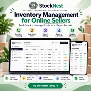 Puede incluir: Un ordenador portátil y un smartphone muestran la interfaz del software de gestión de inventario StockNest. La pantalla muestra un panel con listas de productos, niveles de stock e historial. El texto incluye StockNest, Inventory Management for Online Sellers, Track Stock, Manage Products, Export Reports y Try StockNest Today.