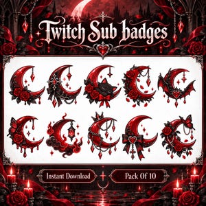 Pode incluir: Um conjunto de dez emblemas digitais de subscrição para Twitch com luas crescentes vermelhas decoradas com elementos góticos, incluindo rosas pretas, um gato a dormir, asas de morcego, correntes, lanternas, borboletas e cristais vermelhos.