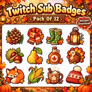 Autumn Twitch Sub Badges, 12 Cute Fall Subscriber Badges, Cozy Pumpkin Fox and Maple Leaf Badges, Kawaii Thanksgiving Streamer Pack