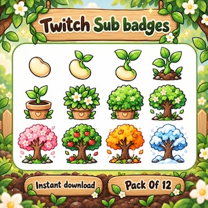 Puede incluir: Un conjunto de 12 insignias digitales de suscripción a Twitch que muestran el ciclo de crecimiento de una planta, desde la semilla hasta el brote, la planta en maceta y árboles en las cuatro estaciones. Incluye el texto Twitch Sub badges, Pack Of 12.