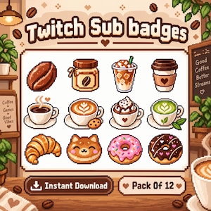 以下が含まれることがあります： コーヒーをテーマにした12種類のピクセルアートTwitchサブスクバッジのセット。コーヒー豆、瓶、アイスコーヒー、コーヒーカップ、ラテ、モカ、抹茶ラテ、クロワッサン、猫の形をしたパン、2種類のデコレーションドーナツが含まれています。