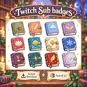 Pode incluir: Uma coleção digital de doze emblemas de subscrição Twitch ilustrados com tema de livros, cada um com ícones únicos como folhas, penas, nuvens, traças, flores de lótus, conchas, favos de mel, flocos de neve, ampulhetas e gemas, com o texto Twitch Sub badges.