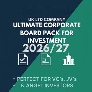 May include: A digital document titled UK LTD COMPANY ULTIMATE CORPORATE BOARD PACK FOR INVESTMENT 2026/27. The graphic features white text on a split dark blue and green background, including icons of two documents and a building, plus text for VC's, JV's & ANGEL INVESTORS.