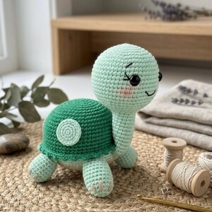 Puede incluir: Un juguete de tortuga tejido a ganchillo con cabeza y extremidades de color verde menta claro, un caparazón verde oscuro con un detalle circular, ojos negros, pestañas bordadas y mejillas rosadas. El juguete muestra puntadas visibles.
