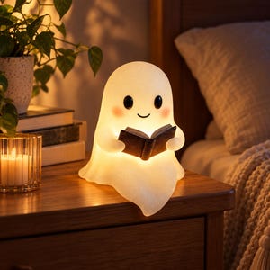 May include: A white, glowing, ghost-shaped lamp with a smooth, rounded head, black oval eyes, and pink cheeks. The ghost figure is holding an open, dark-colored book in its hands, with light emitting from the center of the book.