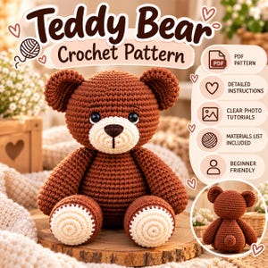 Teddy Bear Crochet Pattern PDF, Amigurumi Bear Pattern with Step-by-Step Photos, Easy Handmade Bear Tutorial for Crochet Beginners