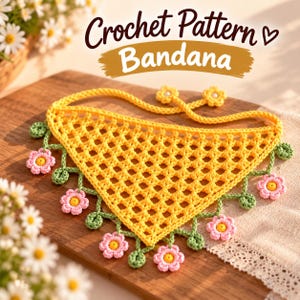 Crochet Bandana PDF Pattern, Floral Triangle Headscarf, Beginner Crochet Tutorial, Crochet Hair Scarf, Summer Headwear Pattern