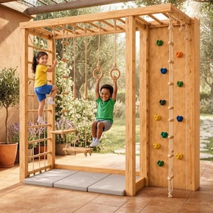 May include: A wooden indoor and outdoor jungle gym structure featuring a climbing wall with colorful holds, a rope ladder, a rope swing, and wooden gymnastic rings. The frame is constructed from light-colored wood and includes a base mat.