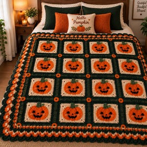 Puede incluir: Una manta de ganchillo hecha a mano con un patrón repetitivo de calabazas de Halloween naranjas sobre cuadrados de color crema, enmarcada por bordes verde oscuro y pequeños acentos circulares naranjas, con un borde festoneado naranja y verde.