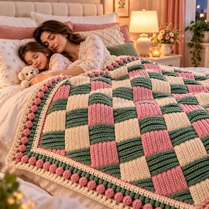 May include: A handmade crochet blanket featuring a woven basket-weave pattern in alternating squares of cream, sage green, and dusty rose. The border is finished with a row of small, round, textured bobble stitches in matching colors.