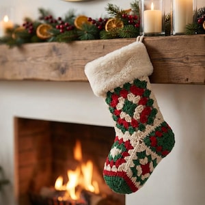 May include: A Christmas stocking featuring a crocheted granny square pattern in red, dark green, and cream yarn. The stocking has a thick, plush cream-coloured faux fur cuff at the top and is designed to hang from a fireplace mantel.