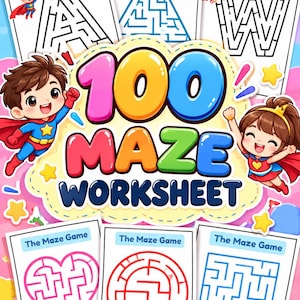 May include: A 100 Maze Worksheet activity set featuring colourful cartoon superheroes and various maze puzzles in shapes like letters, a heart, and a circle. The text 100 MAZE WORKSHEET is displayed in large, vibrant, multi-coloured bubble letters.