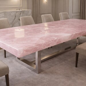 Custom Rose Quartz Dining Table, Rectangular Stone Top, Modern Luxury Furniture