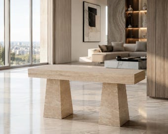 Travertine Console Table Top, Rectangular Beige Stone, Modern Minimalist Design for Luxury Entryways