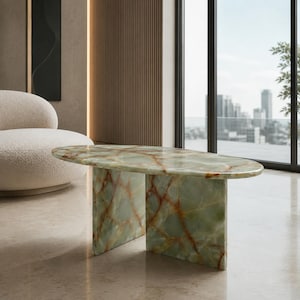 Custom Green Onyx Dining Table, Modern Organic Stone Furniture, Luxury Stone Top