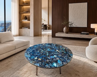 Round Labradorite Coffee Table Top, Blue Teal Mosaic Stone, Modern Living Room Decor