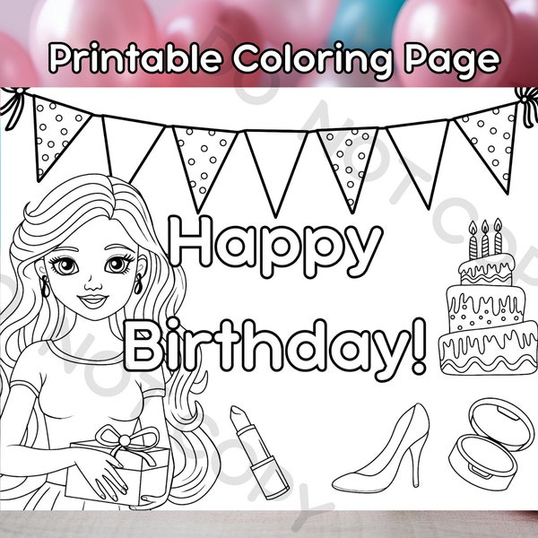 Fashion Doll Theme Birthday Coloring Page - Printable for Girls' Chic Party, Creative & Fun Activity, Instant Download Design D450