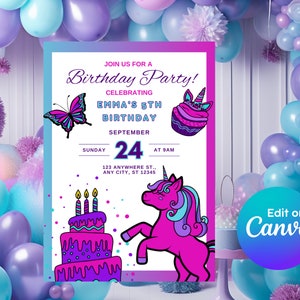 Bright Pink Purple Teal Unicorn Birthday Invitation - Bold Magical Party Invite for Girls - Printable Instant Digital Download 5"x7" U750