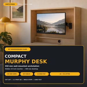 May include: A light-coloured wooden wall-mounted Murphy desk featuring a 550 mm workstation, a 500 mm desktop, and a hidden 23-inch monitor. The design includes a black monitor arm, a circular cable port, and a shelf. Text reads: Compact Murphy Desk.