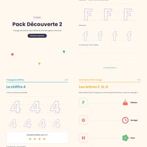 Peut inclure: Un ensemble de fiches pédagogiques numériques intitulé Pack Découverte 2, comprenant des exercices de traçage pour la lettre F et le chiffre 4, ainsi que des activités d'association lettre-image pour F, G et H sur un fond crème clair.