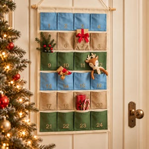 May include: A hanging fabric advent calendar with twenty-four numbered pockets in blue, beige, and green. The pockets contain small gifts, a plush deer, a candy cane, and greenery. The calendar is suspended from a wooden rod with a rope.