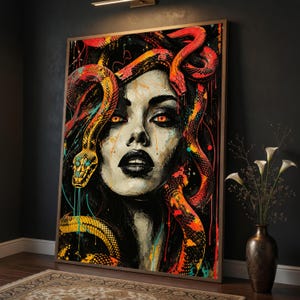 May include: A rectangular wall art print featuring a stylized portrait of a figure with glowing orange eyes and dark lips. The figure is surrounded by vibrant, multi-colored snakes in shades of red, orange, and yellow against a dark background.
