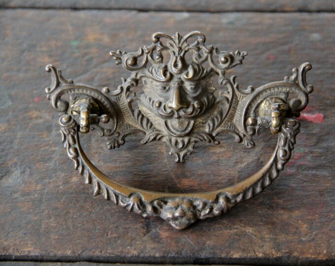 Antique Brass Drawer Pull North Wind Green Man Figural Furniture