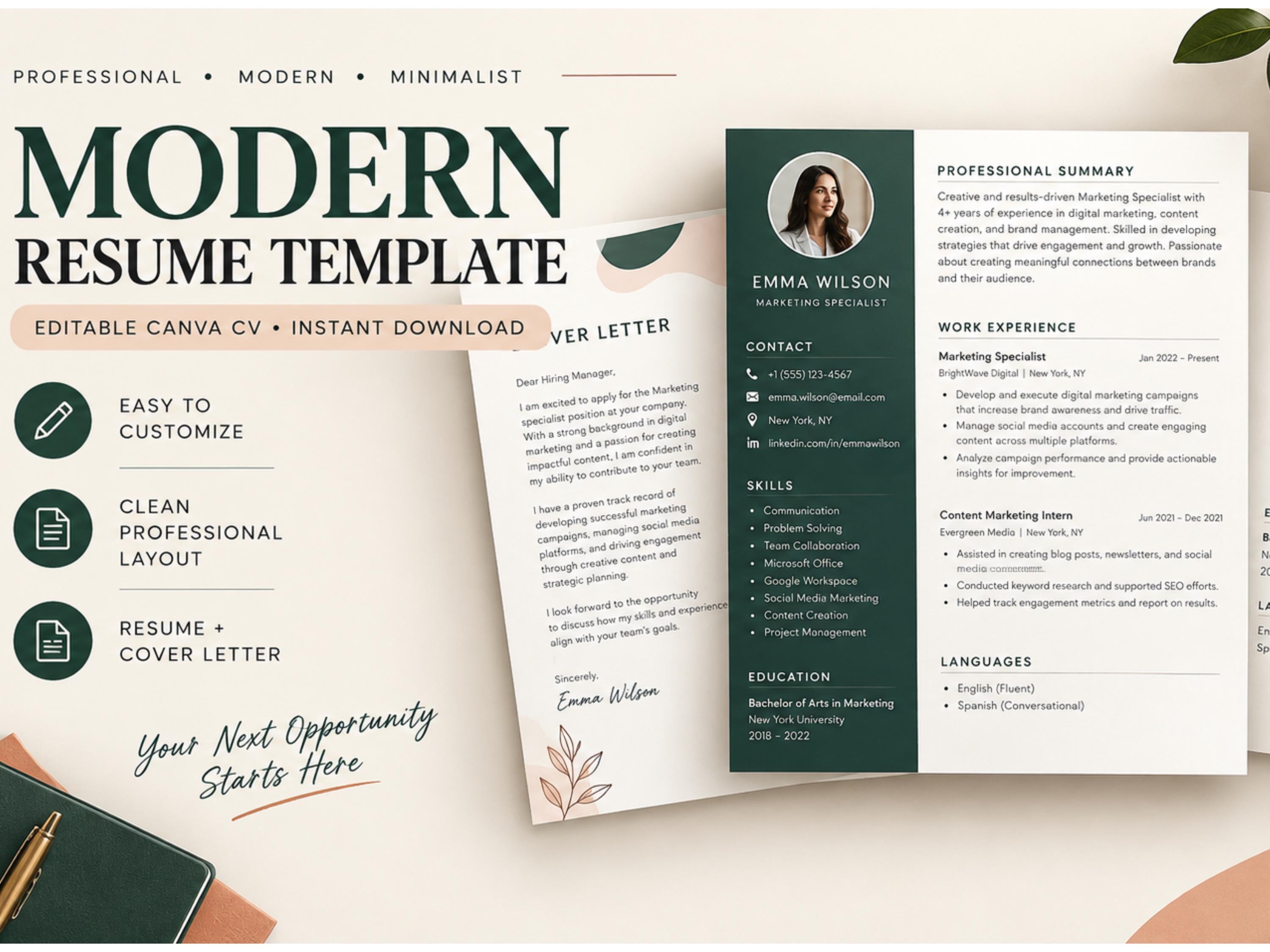 Modern Resume Template, Professional Clean CV Design for Word and Pages ...