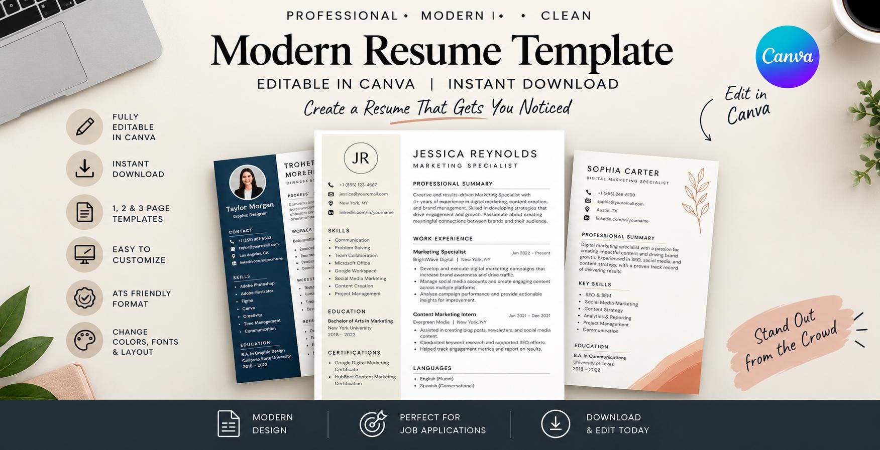 Modern Minimalist Resume Template, Professional CV Design (instant ...
