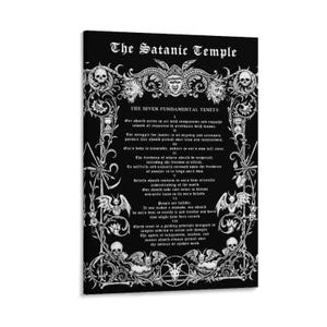 May include: A black and white rectangular wall art print featuring the text The Satanic Temple and The Seven Fundamental Tenets. The design includes intricate gothic-style illustrations of skulls, bats, and ornate floral borders on a black background.
