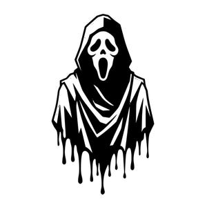 Op de afbeelding: Een zwart-witte grafische illustratie van een figuur met een kap, die een masker draagt met grote, holle, donkere oogkassen en een langwerpige, open mond. De onderkant van het gewaad heeft een druipend effect met verticale lijnen.