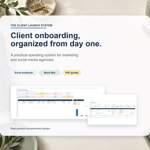 May include: A digital product display titled The Client Launch System featuring the text Client onboarding, organized from day one. It includes labels for Excel workbook, Word files, and PDF guides, with two screenshots of spreadsheet dashboards.